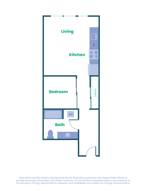 a floor plan of a unit with a bedroom and a kitchen